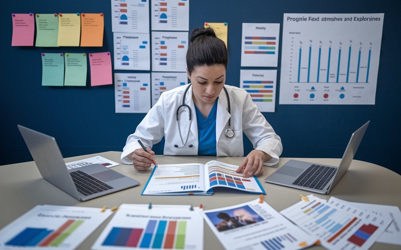 A medical student at a large table, surrounded by informational brochures and laptops, actively researching various residency programs. The environment is filled with a sense of urgency and focus, with pinned notes and charts on the wall displaying program comparisons and timelines. The soft glow of multiple screens illuminates the space, enhancing the atmosphere of deep learning and exploration.