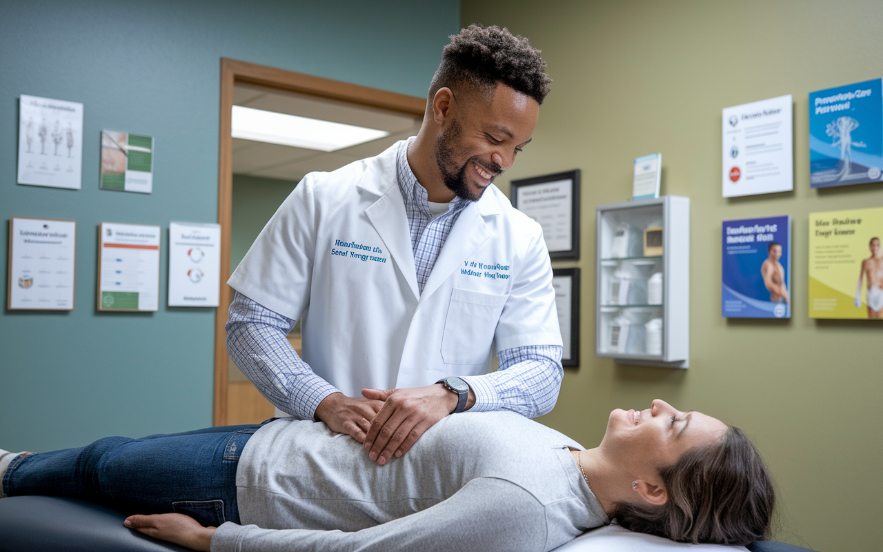 A dynamic scene in a clinic showing a DO physician engaging with a patient, using osteopathic manipulative treatment (OMT). The atmosphere is warm and welcoming, with medical charts and informational pamphlets about preventative care in the background. The physician, with a compassionate expression, embodies the holistic training and attentive care style of osteopathic medicine.