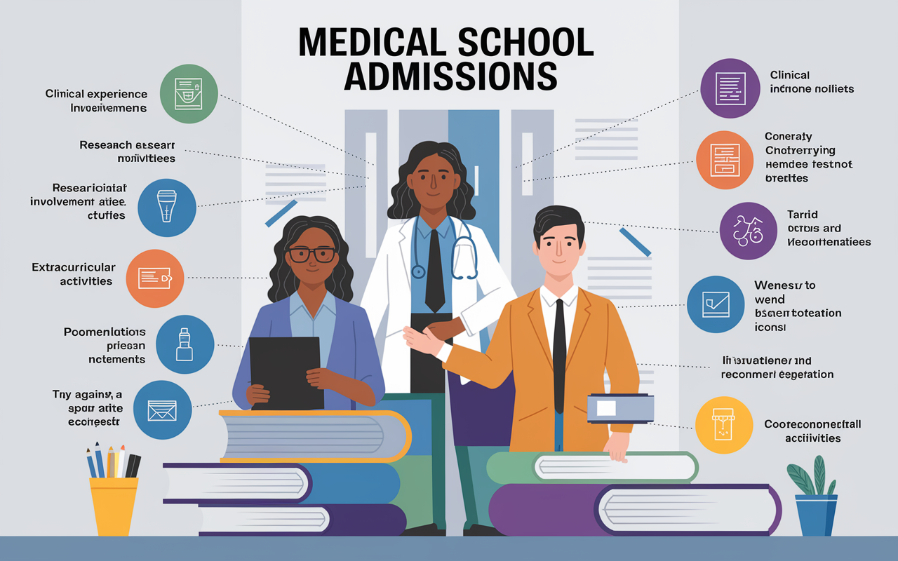 An educational infographic visually representing medical school admissions criteria. Key factors like clinical experience, research involvement, extracurricular activities, personal statements, and letters of recommendation are depicted with engaging graphics and icons, set against a clean, academic backdrop.