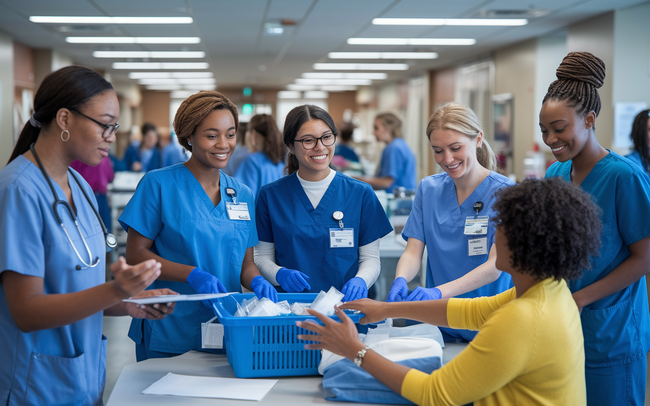 A scene inside a bustling hospital volunteer area, where a diverse group of university students in scrubs assists nurses and interacts with patients. They are seen organizing supplies, providing comfort to patients, and taking part in discussions, encapsulating the spirit of community service and hands-on learning in healthcare.