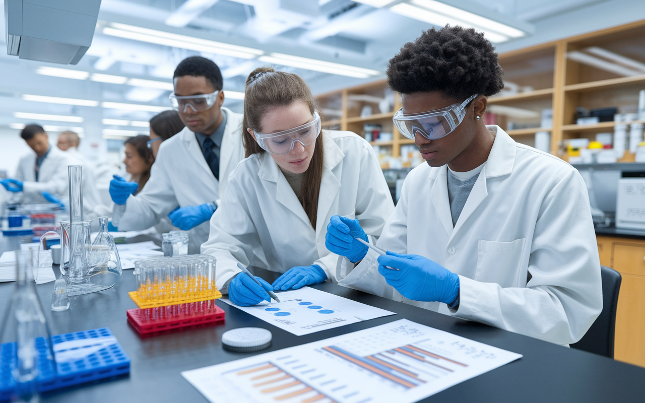 A vibrant laboratory scene where undergraduate students collaborate on a research project. They are seen analyzing data, wearing lab coats and goggles, surrounded by scientific equipment and charts, illustrating a dynamic and innovative research environment.