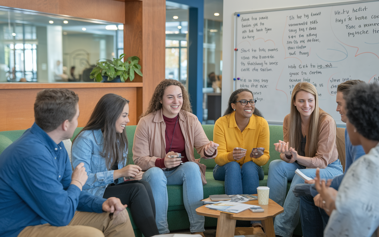 A group of enthusiastic students gathered at a Pre-Med Society meeting in a cozy campus lounge. They are discussing medical school application strategies, sharing experiences, and exchanging ideas, with a whiteboard filled with notes and motivational quotes nearby.