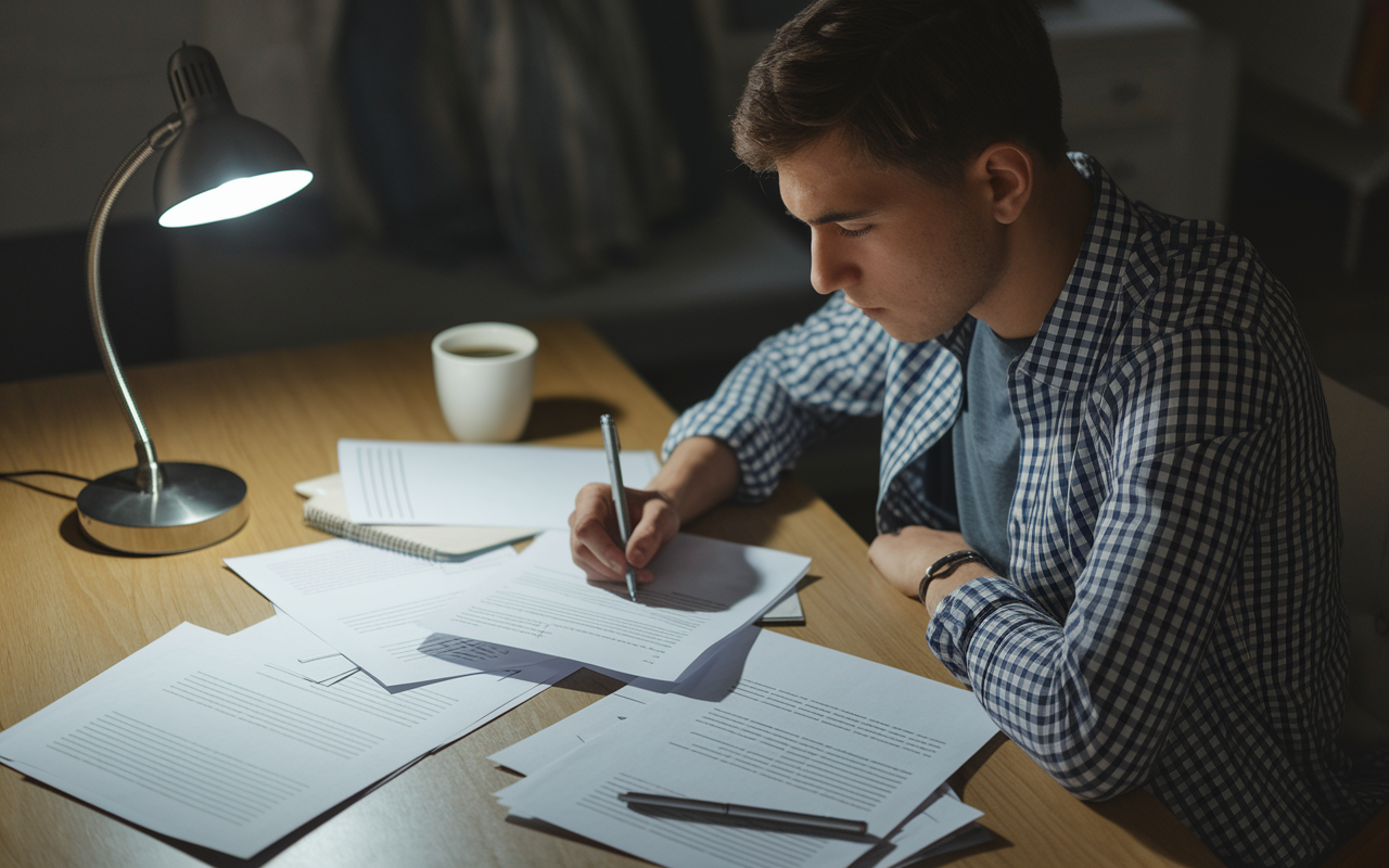 A focused undergraduate student sits at a desk under soft lamp light, typing intently on a personal statement draft. Pages filled with notes and reflections on personal experiences are scattered around, alongside a mug of coffee, embodying the thoughtful process of crafting a meaningful narrative.