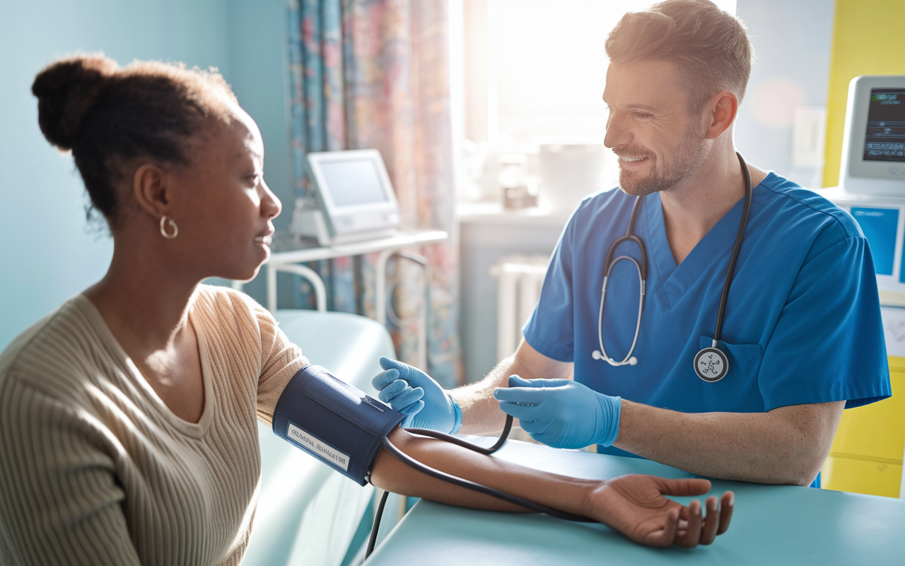 A dedicated volunteer in a brightly lit clinic room, thoughtfully taking vital signs of a young woman who looks a bit nervous yet grateful. The volunteer, a Caucasian male in scrubs, carefully uses a digital blood pressure monitor as he reassures the patient with a gentle smile. The room is filled with medical equipment and soft colors, creating an atmosphere of support and care. Sunlight streams through the window, highlighting the volunteer's focus and empathy, symbolizing the impactful connection formed in a healthcare setting.