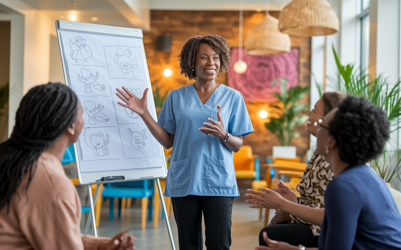 A scene showing a compassionate volunteer, a middle-aged African American woman, providing a health education session to a small group of low-income community members at a local clinic. The volunteer, standing at a flipchart filled with drawings and health tips, interacts with engaged participants who are listening intently, showcasing a mix of excitement and hope. The clinic's waiting area is visible in the background, decorated with plants and vibrant art, under warm, inviting lighting that creates a sense of community and care.