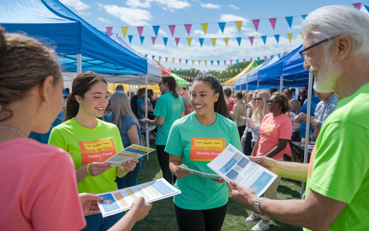 A bustling outdoor event featuring a health fair, where volunteers wearing bright t-shirts provide informative brochures to attendees of all ages. A diverse group of volunteers, including a young Latina woman and an older gentleman, passionately engages with the community, offering services like free health screenings and educational sessions about wellness. Colorful tents and banners surround the area, set under a clear blue sky, creating a vibrant and dynamic atmosphere of health awareness and community spirit.