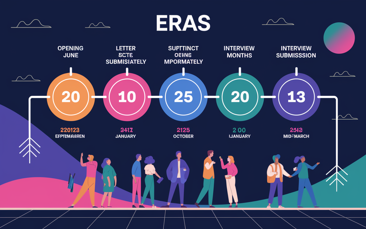 An infographic style visual representation of the ERAS timeline with distinct sections for each important date: ERAS opening in June, letter submissions starting immediately, official submission in September, interview months from October to January, and Match Day in mid-March. Use vibrant colors and clear icons for each date to convey information efficiently, all set against a sleek, modern background that enhances clarity.