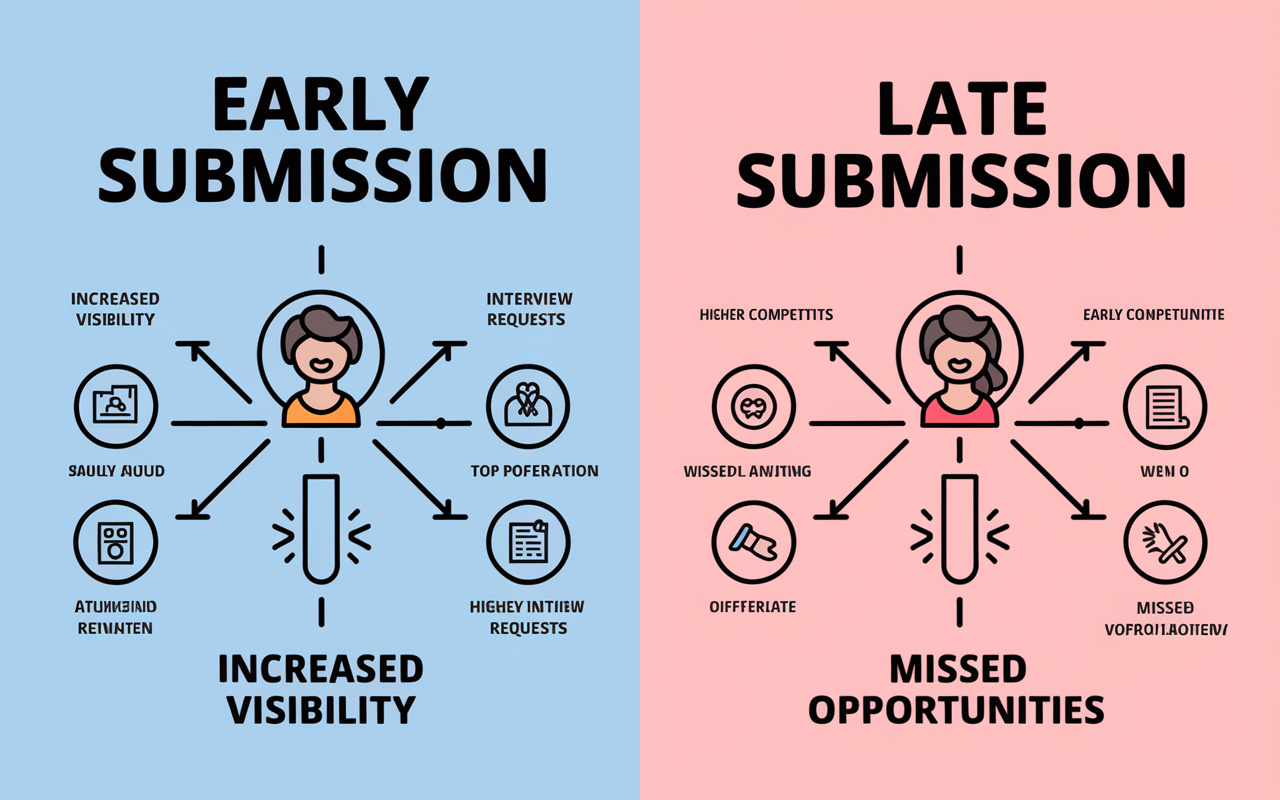 A visual comparison chart showing the advantages of early submission for ERAS applications versus late submission. On the left, include icons and positive phrases like 'Increased visibility' and 'Early interview requests', while on the right include drawbacks like 'Higher competition' and 'Missed opportunities'. Use engaging colors and icons to clearly differentiate the two sides, promoting the concept of strategic timing.