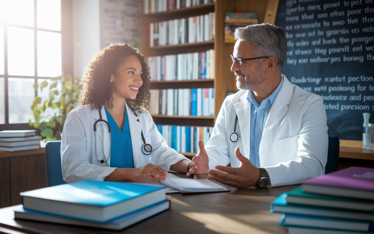 A scene depicting a medical student engaged in a productive conversation with a mentor in a cozy office filled with medical books and a chalkboard filled with inspiring phrases. The atmosphere is warm and inviting, with sunlight streaming through the window, highlighting their focused expressions. Emphasize the nurturing mentor-student relationship, showcasing the guidance and support crucial for submission timing decisions, in a photorealistic style.