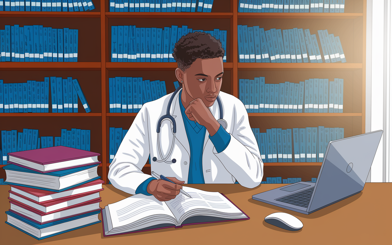 A detailed scene of a medical student sitting in a library, surrounded by stacks of medical journals and open laptops. The student is deep in thought, analyzing information on different residency programs' websites. Soft light from a nearby window highlights the concentration on their face, showcasing the importance of research in the application process. Capture the dedication and diligence in a realistic illustration.