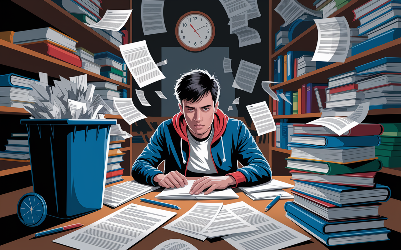 A chaotic scene in a student's study area, filled with papers, books strewn everywhere, and a clock showing the last minutes before the deadline. The student looks stressed, surrounded by half-finished applications and an overflowing trash bin. The lighting is harsh, emphasizing the pressure and urgency of last-minute preparations, illustrated in a dynamic and dramatic digital art style.