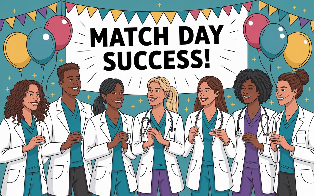 A jubilant scene of a group of diverse medical students celebrating their successful residency match day at a local medical school. Balloons and confetti fill the air, while cheerful expressions are exchanged among friends. In the background, a large banner reads 'Match Day Success!' showcasing a milestone achieved, bathed in bright, festive lighting. Capture the spirit of achievement and camaraderie in a vibrant and joyful illustration.