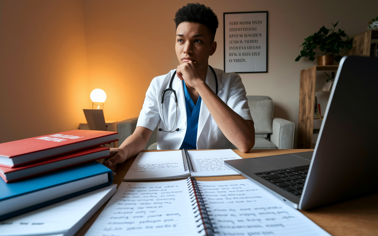 A focused medical student, sat at a desk filled with application materials, including a laptop, personal statement drafts, and medical textbooks. The student is deep in thought, with a focused expression. The room is warmly lit with a motivational poster on the wall about self-improvement. A notepad is open with handwritten notes about strengths and weaknesses, creating an atmosphere of reflection and determination.