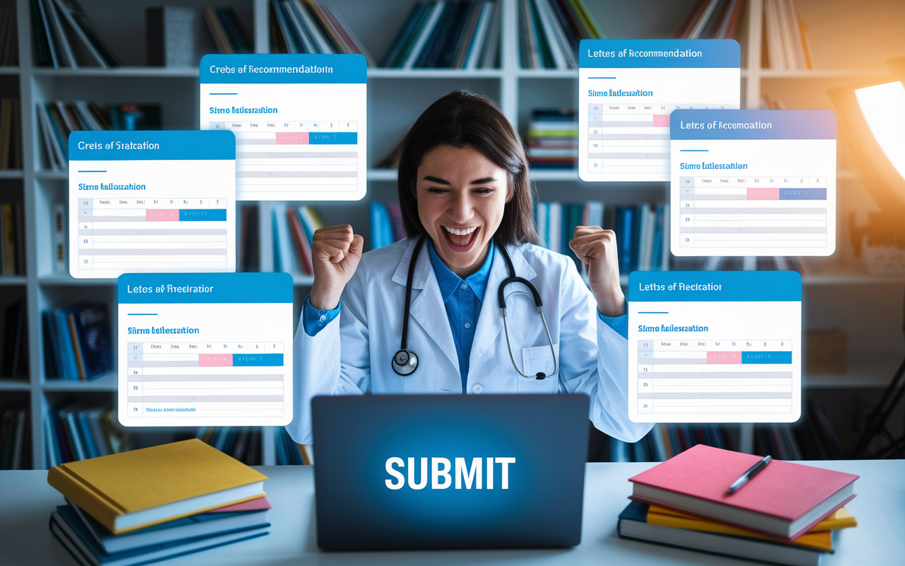 A medical student excitedly clicking the 'Submit' button on their laptop, surrounded by glowing screens filled with application components like the personal statement, letters of recommendation, and timeline calendar. The background shows their study space filled with books and motivational posters, creating an atmosphere of triumph and relief. Bright lighting emphasizes the moment of submission as a significant milestone.