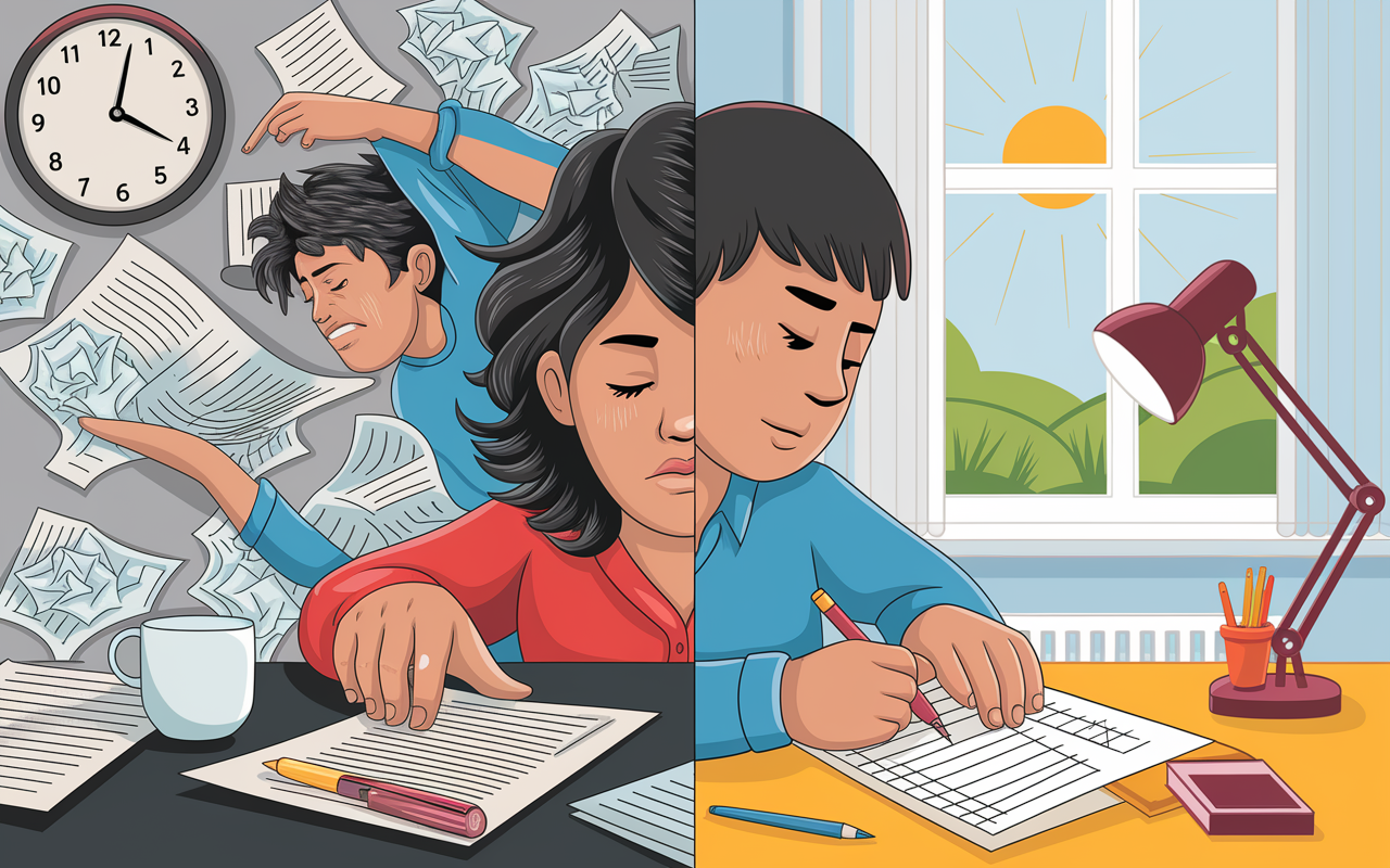 A detailed split image showing two scenarios: one half depicts a stressed student rushing to submit a poorly revised application, surrounded by crumpled papers and a clock indicating late hours. The other half shows a calm, prepared student carefully reviewing and polishing their application over a sunny desk, with a checklist of quality assurance items. This contrast illustrates the importance of balance in the application process.