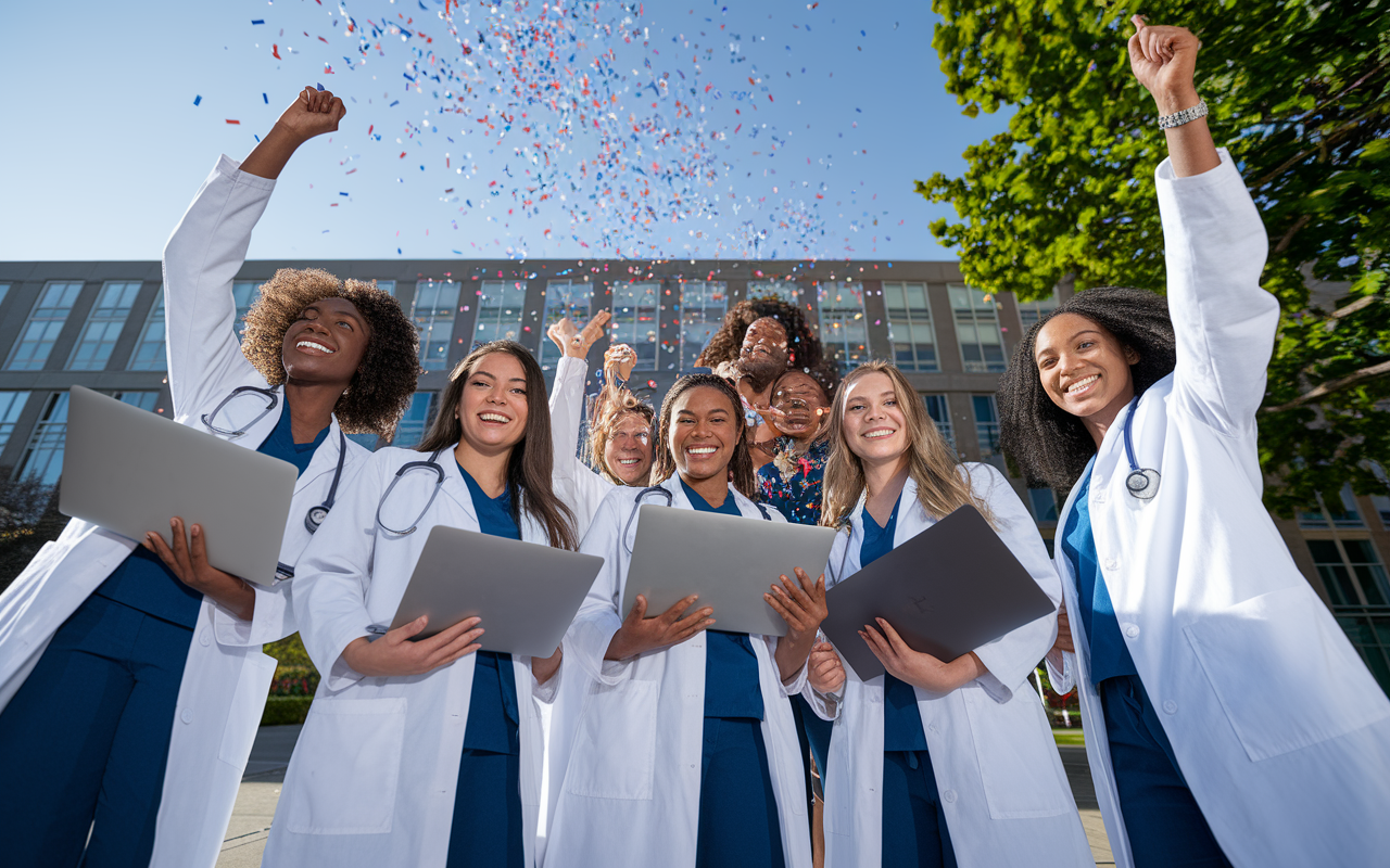 A dynamic scene showcasing a group of diverse medical students celebrating after submitting their ERAS applications, with confetti in the air. They are gathered in front of a university building under a clear blue sky, exuding joy and camaraderie. Each student holds their laptops with proud smiles, suggesting a mix of anticipation and excitement for the next steps in their journeys.