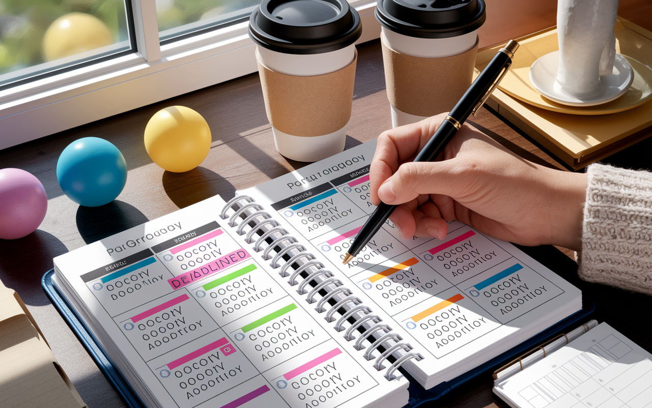 A close-up of a planner open to a page marked with important ERAS deadlines highlighted in bright colors. A hand holding a pen is poised to make notes, surrounded by coffee cups and stress balls, symbolizing the pressure of the residency application process. Soft natural light filters through a window, creating a hopeful yet tense atmosphere. The scene conveys organization and urgency, giving viewers a sense of the scheduling intricacies involved in preparing for residency applications. Digital painting style focusing on colors and texture for depth.