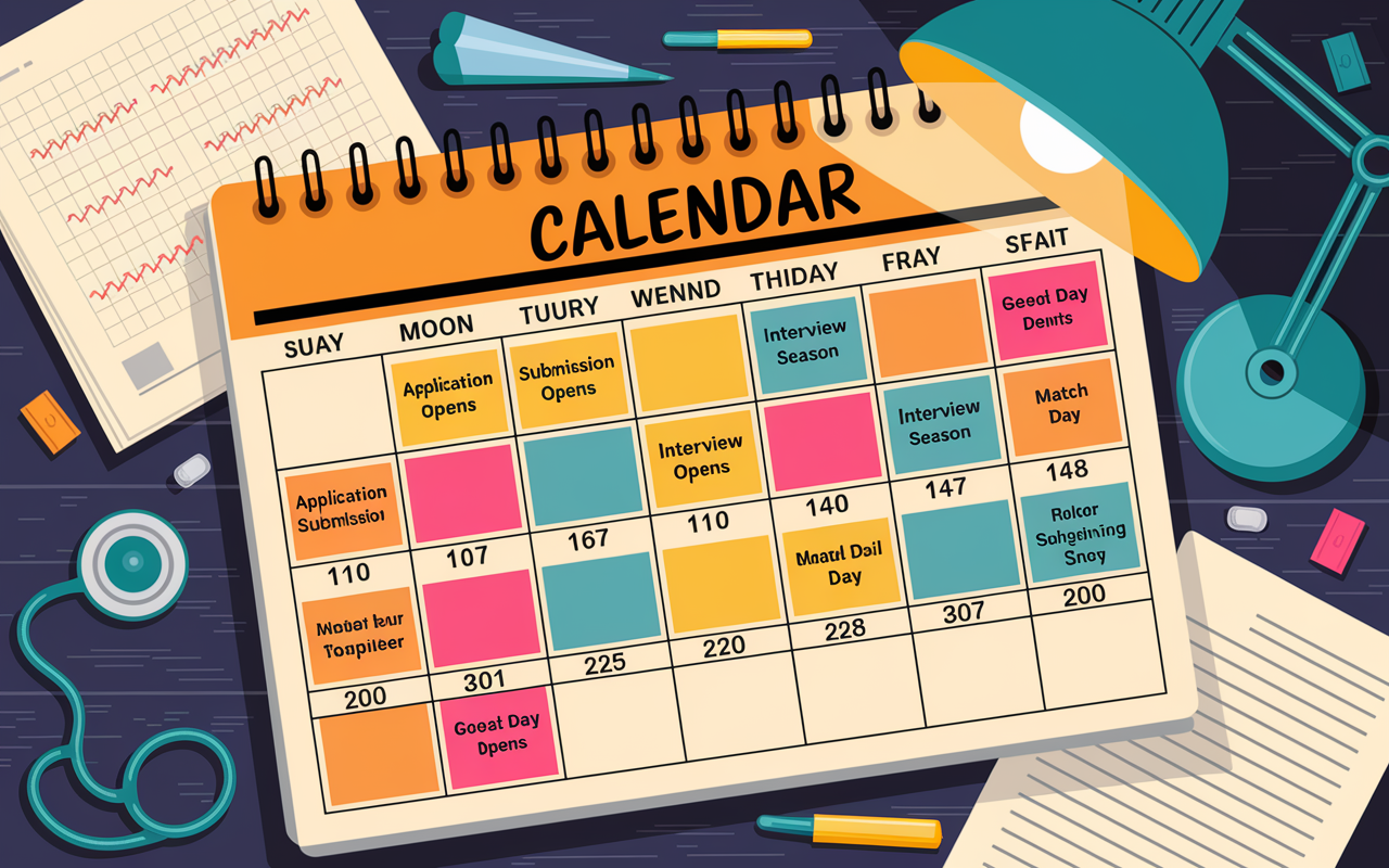 An illustrated calendar marked with key ERAS dates, prominently featuring colored sticky notes for each crucial event like 'Application Submission Opens', 'Interview Season', and 'Match Day'. The calendar is laid on a desk cluttered with medical-themed items like stethoscopes and ECG charts. A warm glow from a desk lamp adds a cozy and studious vibe, while ensuring clarity on the deadlines. The illustration style is bright and engaging, aimed to motivate viewers through visually striking colors.