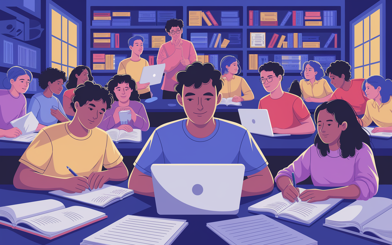 A montage of a student engaging in various activities related to the ERAS application process, including drafting a personal statement on their laptop, discussing with mentors, and revising documents surrounded by supportive peers. The backdrop is a study room filled with insightful books and research papers, creating an atmosphere of collaboration and motivation. Dramatic lighting highlights the student's focused expressions, reflecting determination and positivity. Digital illustration style to emphasize enthusiasm and teamwork.