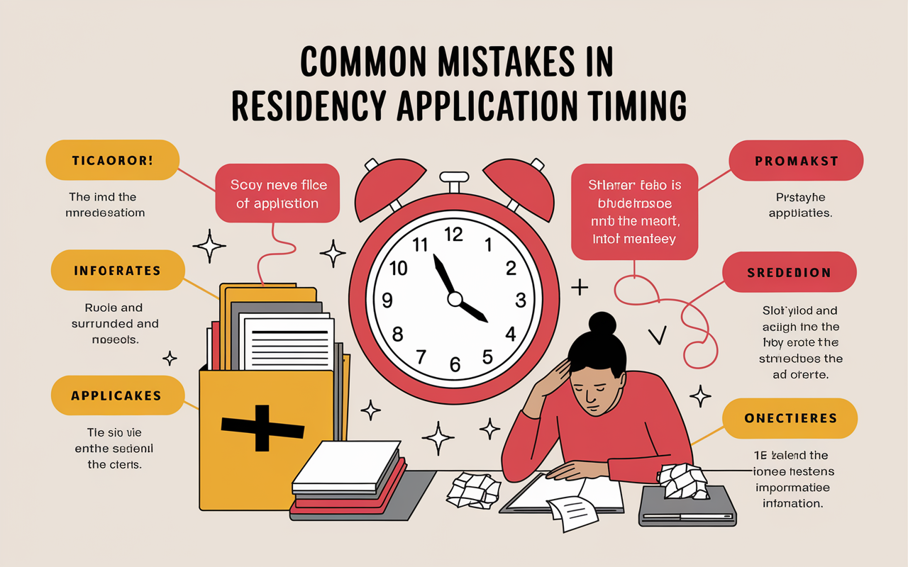 A visual representation of common mistakes in residency application timing displayed in a cautionary infographic style. Items include a clock ticking down, an overflowing file of applications, and a stressed-out student surrounded by crumpled notes. The color palette uses reds and yellows to convey urgency and mistakes, while clear labels provide insight into each pitfall. The layout is clean and engaging, designed to catch the eye and share important information effectively.