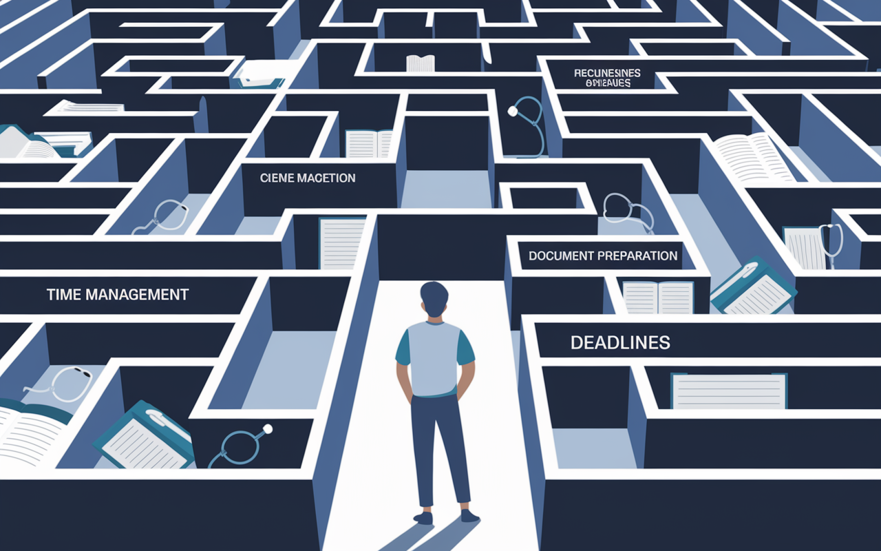 An artistic representation of a maze with various paths labeled with residency application challenges such as 'Time Management', 'Document Preparation', and 'Deadlines'. The maze is set in a stylized academic environment with medical symbols like stethoscopes and books scattered throughout, illustrating the complexities of preparing for residency. The perspective should depict a hopeful student standing at the entrance of the maze, looking determined to navigate through the challenges.