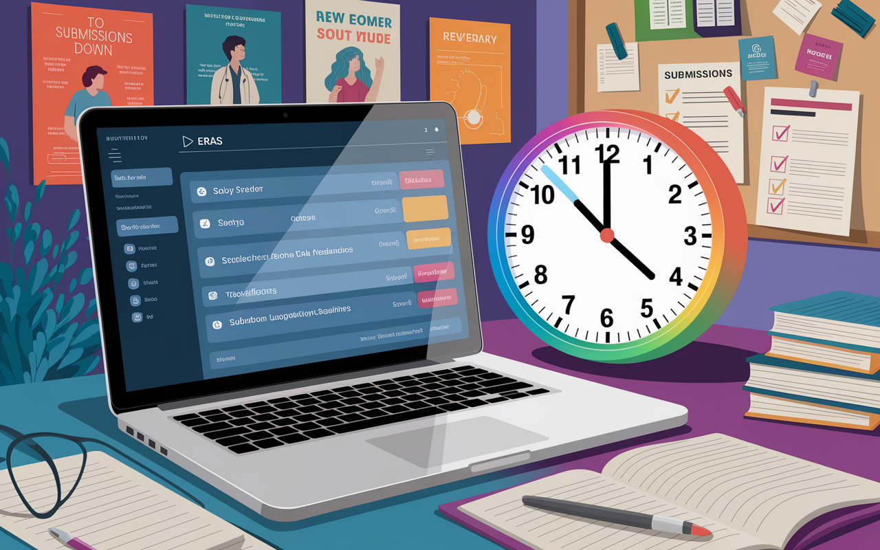 A dynamic illustration of an open laptop with the ERAS application interface visible, alongside a colorful countdown clock showing the days ticking down to submission deadlines. The environment should be a cozy study room with inspirational medical posters on the walls and a bulletin board filled with checklists and reminders. The laptop screen gleams brightly, reflecting the eagerness and urgency of submissions done early.