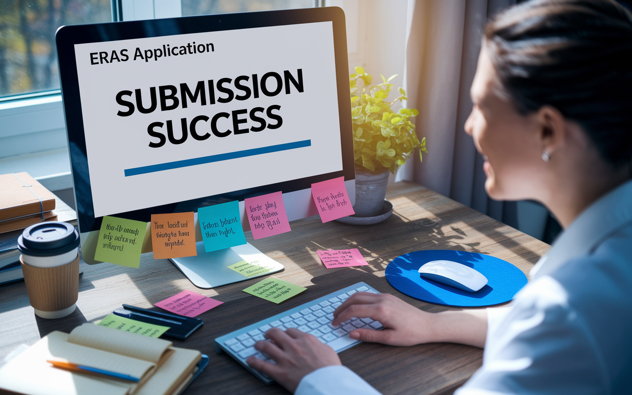 An anxious but determined medical graduate at a computer, submitting the ERAS application. The screen shows a 'Submission Success' message. Surrounding items include a notebook filled with notes, an empty coffee cup, and motivational post-it notes covering the desk. A soft, early morning light filters through a window, symbolizing new beginnings and opportunities.