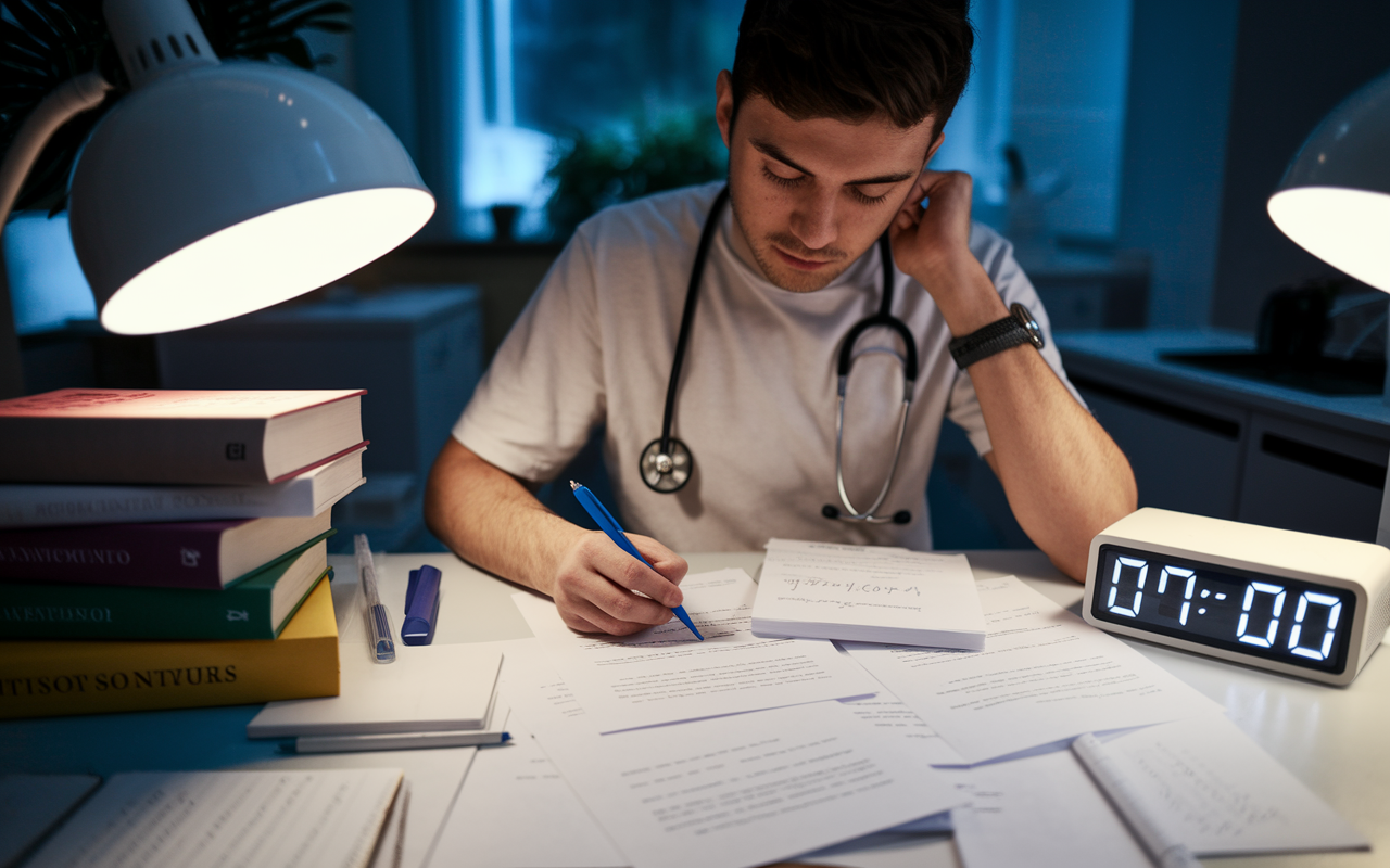 A focused student at a desk, brainstorming ideas for a personal statement. The space is filled with books on medical topics, papers with handwritten drafts, and a digital clock showing late evening hours. The light is warm and soft, highlighting the determination and effort that goes into crafting a pivotal application document.