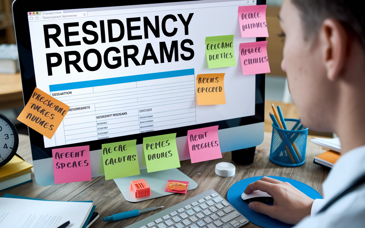 A close-up of a medical student dutifully researching residency programs on a computer. The screen displays various program deadlines and requirements. Around them are sticky notes with different specialties, a clock showing the late hours, and a focused expression on the student's face. The environment indicates the pressure and urgency of the application process.