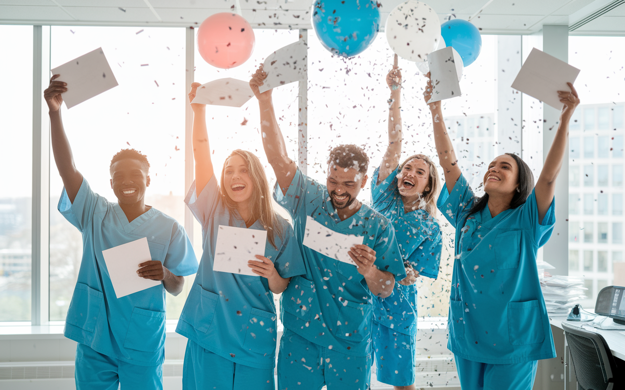 A celebratory scene in an office with medical graduates hugging and cheering after receiving match results. They hold acceptance letters high, surrounded by balloons and confetti. The atmosphere is filled with joy and relief, captured under bright natural light streaming in through large windows, symbolizing hope and achievement in their medical careers.