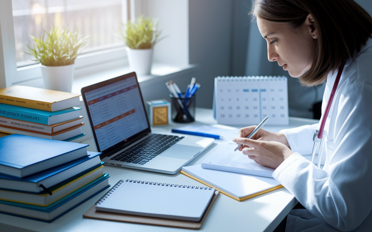 A focused medical student in a bright, organized study space, preparing application materials for ERAS. The desk is cluttered with medical textbooks, a laptop displaying the timeline for residency applications, and a calendar marked with important dates. Light filters in through a window, casting a soft glow and creating a calm yet motivated atmosphere. Realistic details, capturing the essence of preparation and dedication.