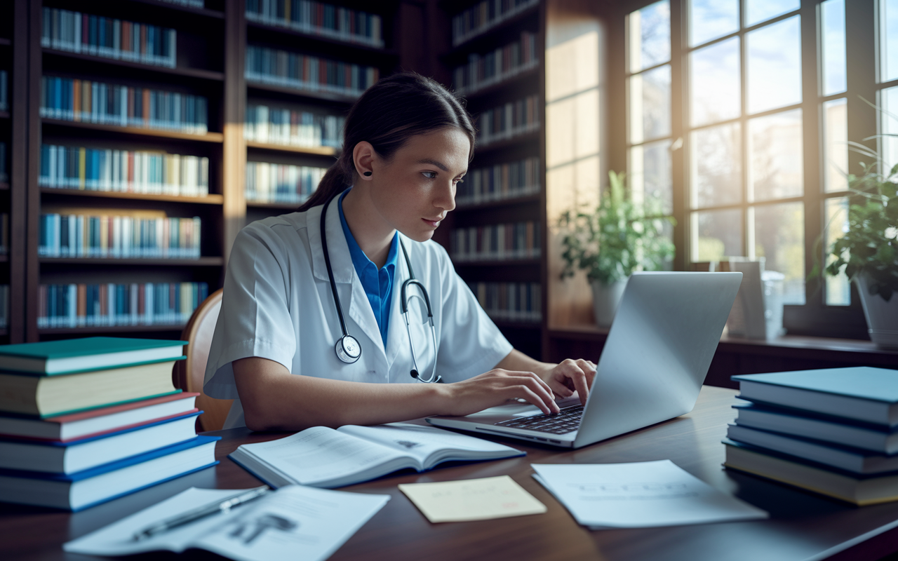 A medical student in a serene, well-lit corner of a library, intensely focused while typing a personal statement on a laptop. Books related to medicine are stacked beside her, and scattered notes with key points are scattered around. A large window allows sunlight to illuminate her workspace, enhancing the feeling of inspiration and determination. Realistic touch, showcasing hard work and creativity.