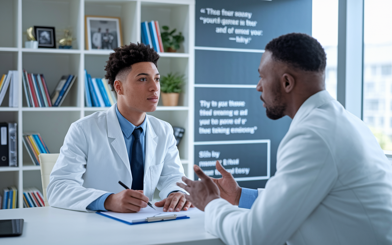 A medical student engaged in a mock interview with a mentor in a professional-looking office. The student is dressed in business attire, practicing confident body language while taking notes. The mentor, experienced and supportive, provides feedback. A bookshelf in the background filled with medical literature and motivational quotes on the wall create an encouraging environment. Bright and clear lighting to enhance the seriousness and professionalism of the moment.