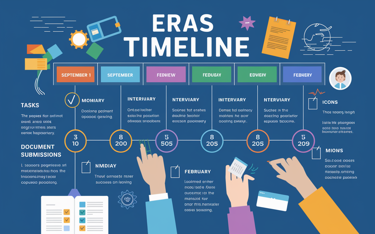 An infographic-style visual depicting the ERAS timeline, showcasing important dates like September 1 for application opening, mid-September for recommended submissions, and the deadlines in February. Include vibrant colors and icons representing key tasks such as document preparation and interview scheduling. Incorporate a calendar format with checkmarks indicating completed tasks to emphasize the organization required for a successful application.