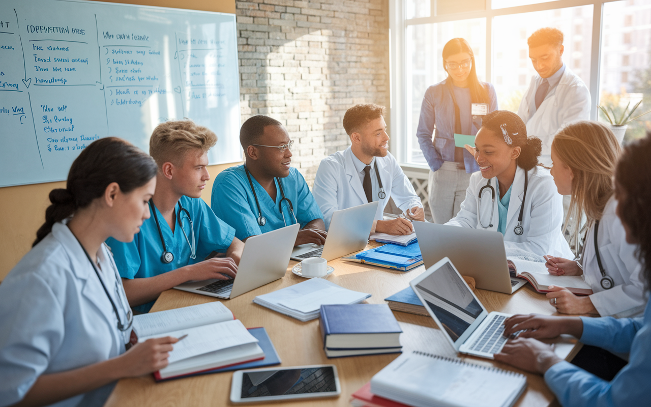 A bustling university environment showcasing a diverse group of medical students studying together, each with different medical textbooks and laptops open. The atmosphere is vibrant with passion and determination, with a whiteboard displaying strategies for effective applications. Sunlight streaming through the windows enhances the hopeful and competitive nature of the medical residency process.