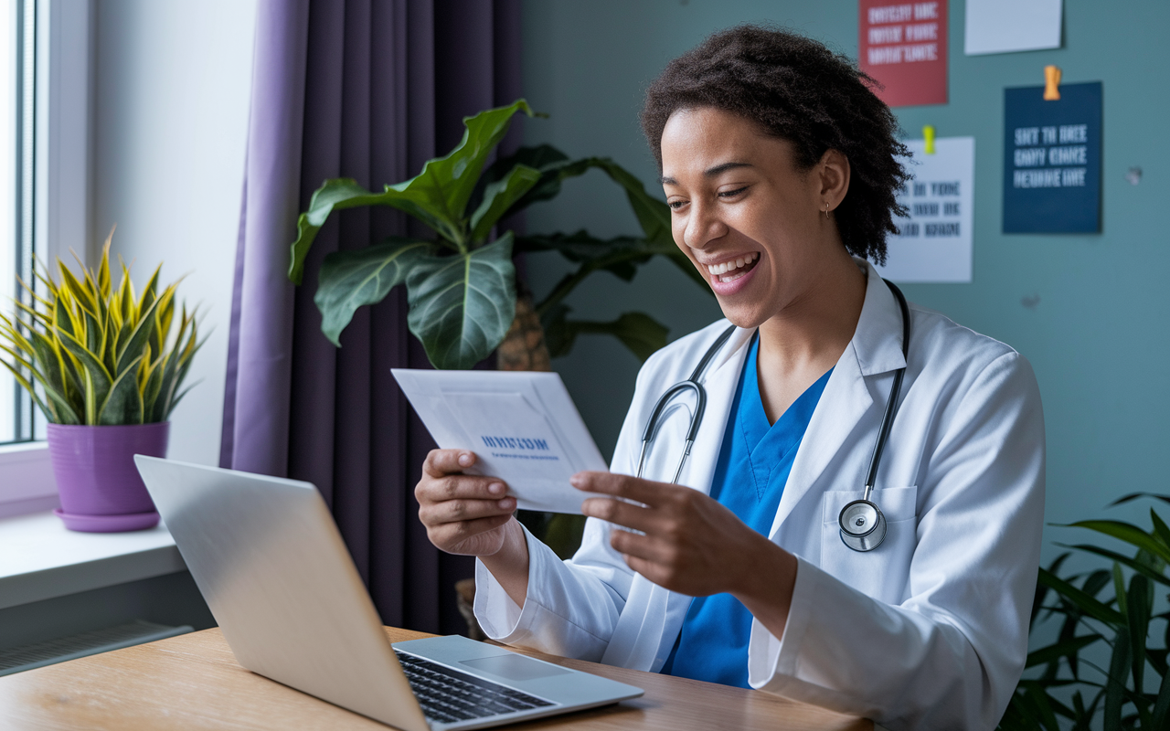 An excited medical applicant receiving an email notification of an interview invitation, depicted in a cozy room with a colorful plant on the windowsill and motivational quotes pinned on a board. The applicant's expression is one of surprise and joy, capturing the excitement and relief of getting a timely interview offer in the competitive landscape of medical residency applications.