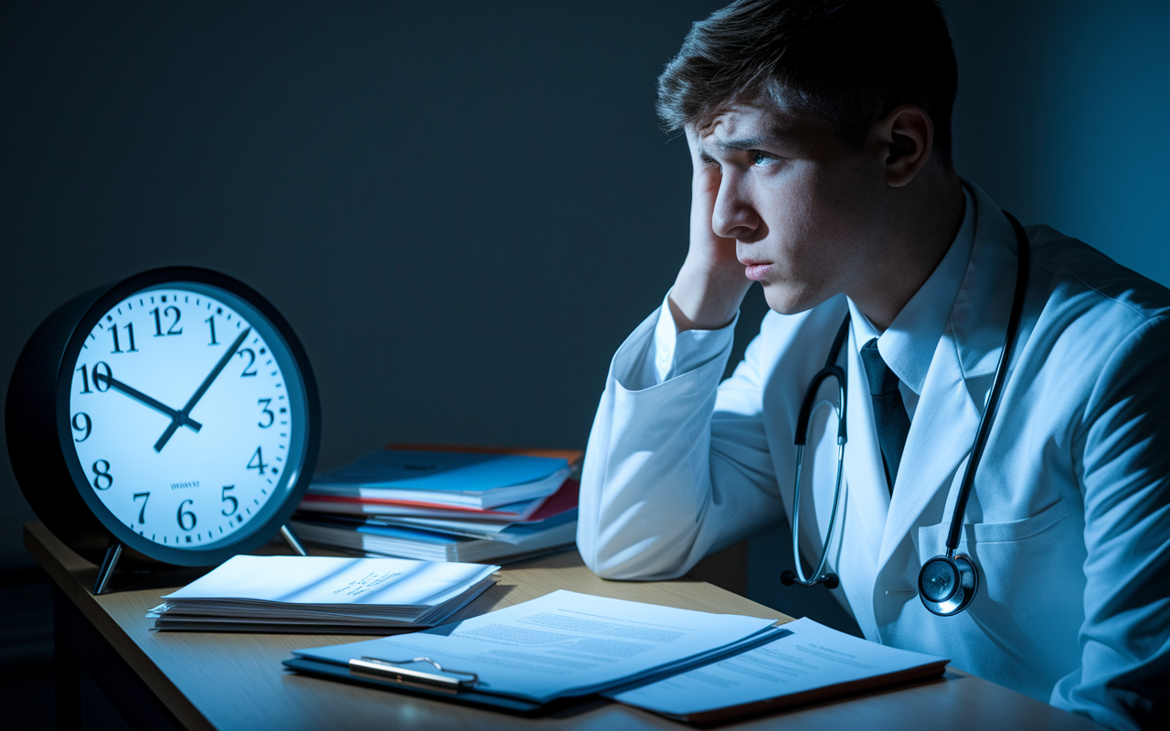 A concerned medical student looking at a clock showing the deadline approaching while cluttered papers and an unsent application sit on a desk. The dim light casts long shadows, emphasizing urgency and anxiety. The student's expression portrays worry over missed opportunities in the residency application process due to procrastination.