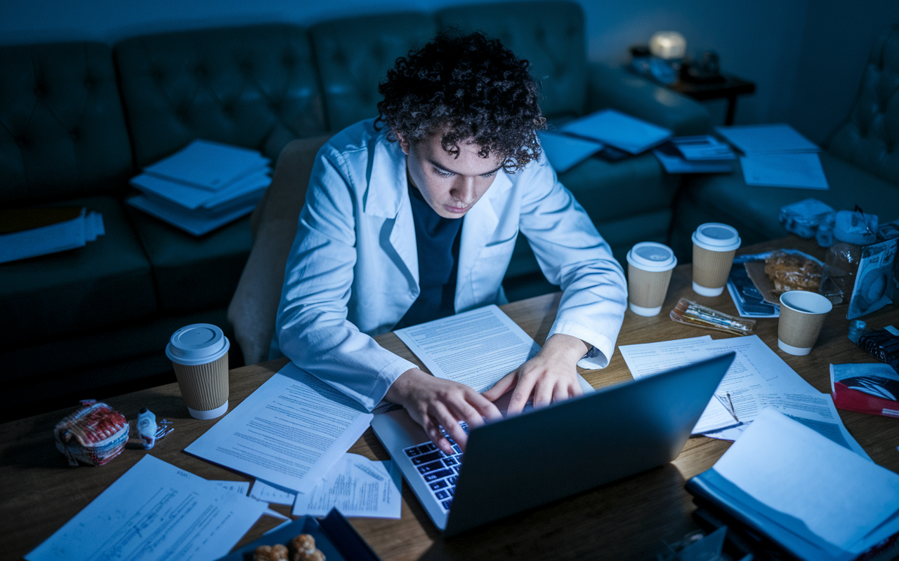 A frazzled medical student bathed in the glow of a laptop screen, papers strewn around, surrounded by empty coffee cups and snacks. The dimly lit room conveys a sense of chaos as the student hurriedly types out their ERAS application under pressure. The atmosphere is heavy with stress and urgency, capturing the emotional toll of late submissions.