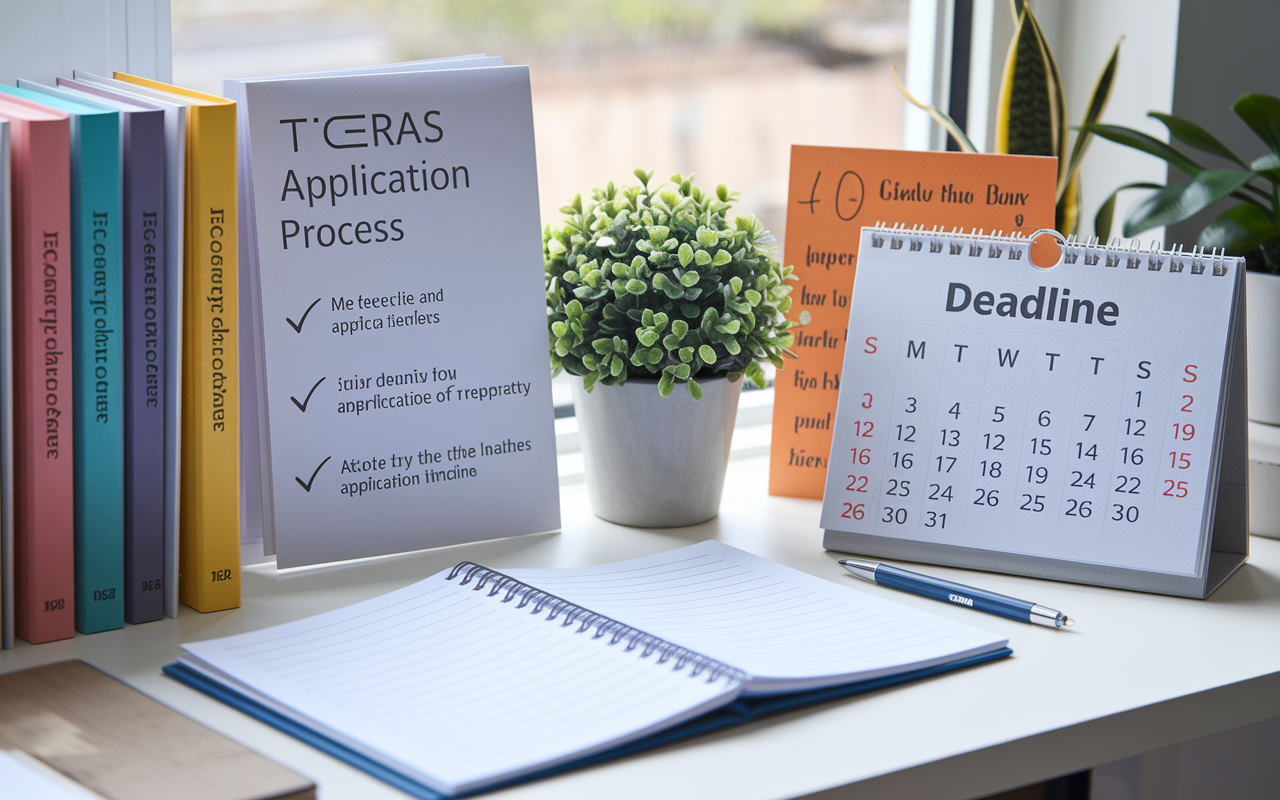 A serene workspace showcasing organized documents, a checklist for the ERAS application process, and a calendar with marked deadlines. The environment is bright and orderly, symbolizing the importance of preparation. Include motivational elements like a small plant and inspirational notes, suggesting a healthy approach to the application timeline.