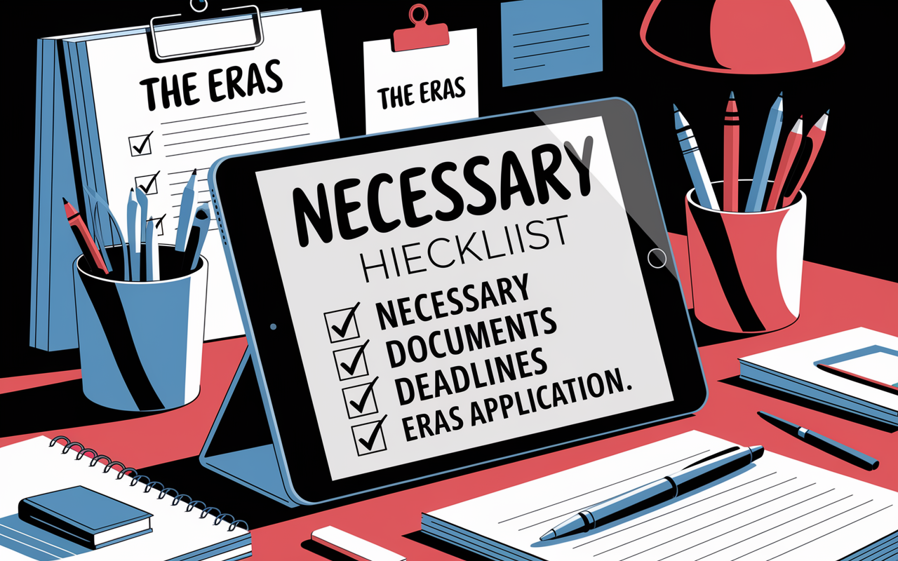 An organized checklist displayed on a digital tablet showing all necessary documents and deadlines for the ERAS application. The setting features a clean desk with a pen and motivational elements, depicting productivity and focus. The atmosphere is calm yet engaging, inspiring applicants to stay on track with their submissions.