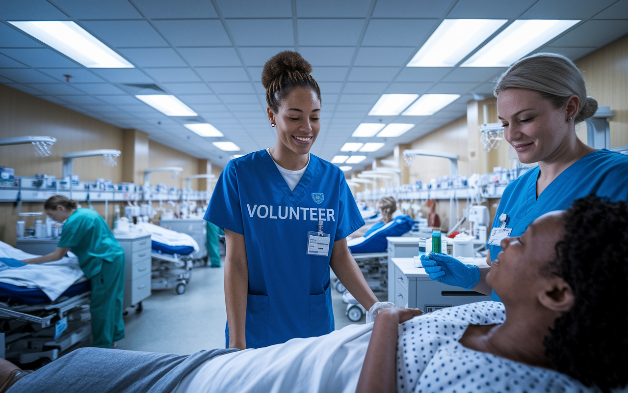 A clinical volunteer assisting a nurse in a busy hospital ward filled with patients and medical equipment. The volunteer, a young adult in a volunteer shirt, is checking on a patient with a warm smile, while the nurse prepares medication. Bright overhead lights illuminate the clean, organized setting, creating a sense of urgency and care. The backdrop features charts and medical supplies, reinforcing the busy yet compassionate atmosphere of a healthcare environment.