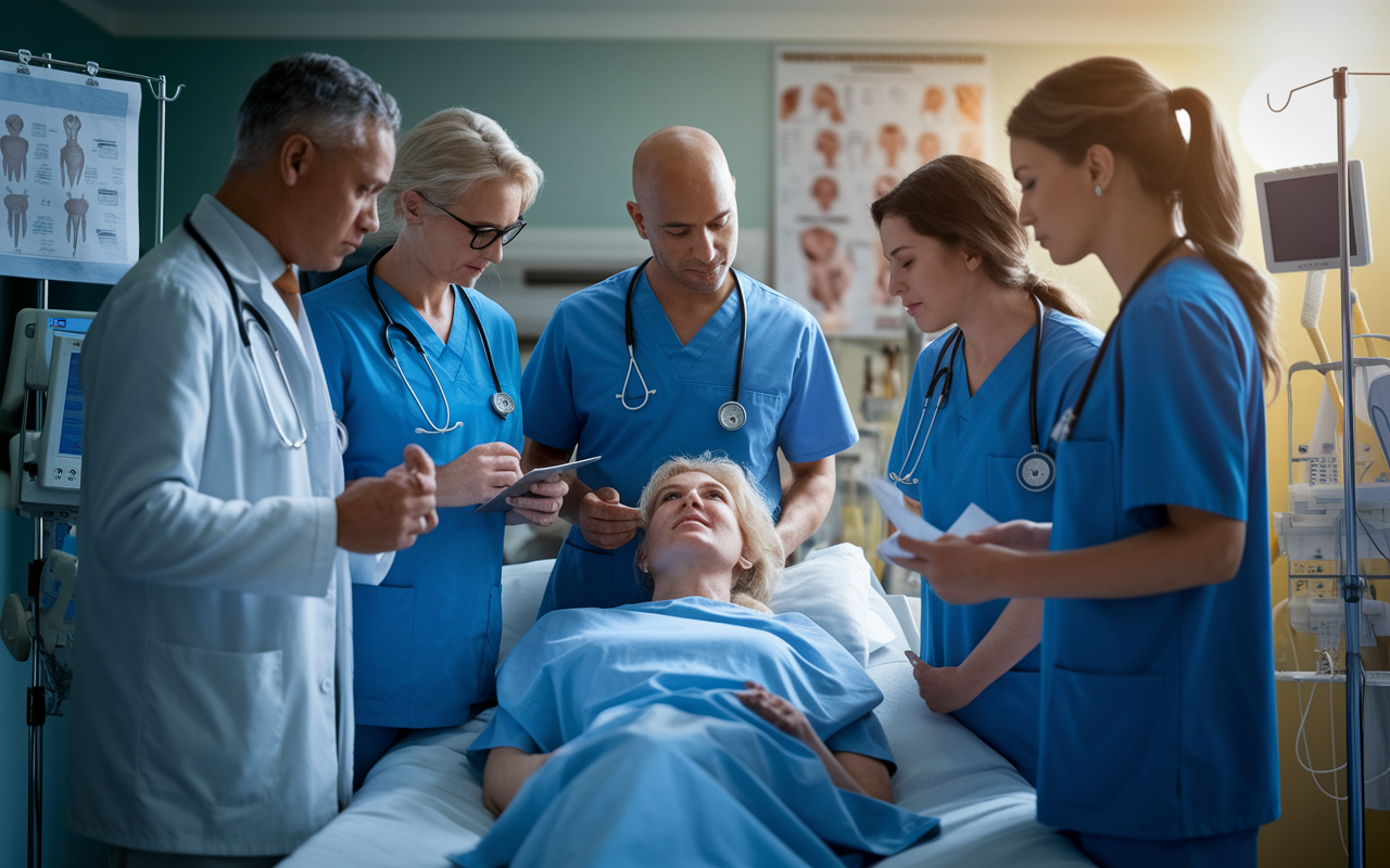 A scene depicting a group of diverse healthcare professionals, including doctors and nurses, engaged in a collaborative discussion around a patient in a hospital room. The atmosphere is filled with focus and teamwork, with charts and medical equipment surrounding them. Soft, warm lighting creates a welcoming environment as they brainstorm solutions for patient care, highlighting the importance of communication and collaboration in healthcare.