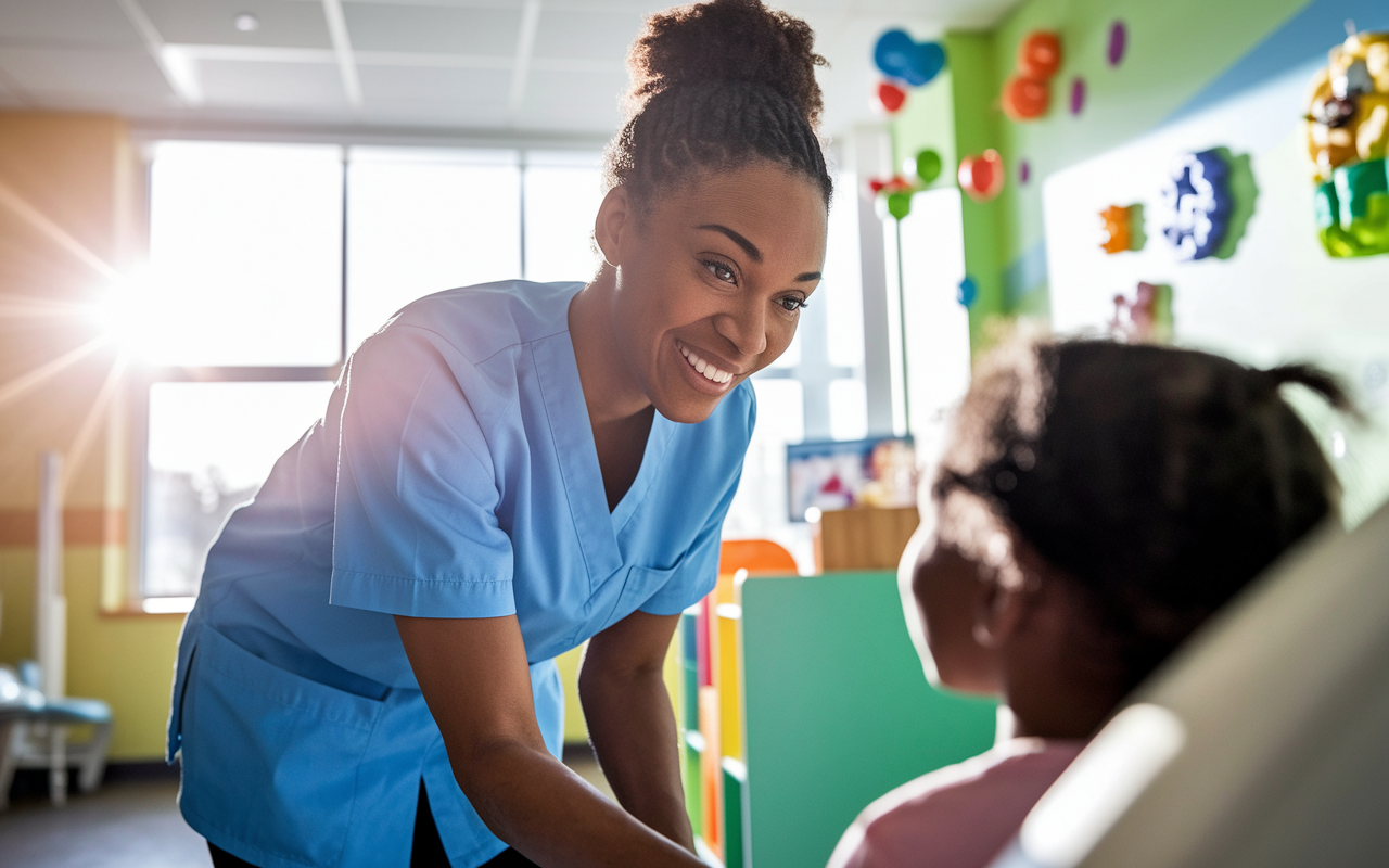 A compassionate volunteer at a children's hospital, leaning down to engage with a young patient. The volunteer radiates warmth and positivity, with playful toys and colorful wall decorations in the background, creating a cheerful atmosphere. Sunlight streams in through the window, enhancing the feeling of comfort and safety for the child, while the volunteer's expression captures the essence of empathy and support in healthcare.