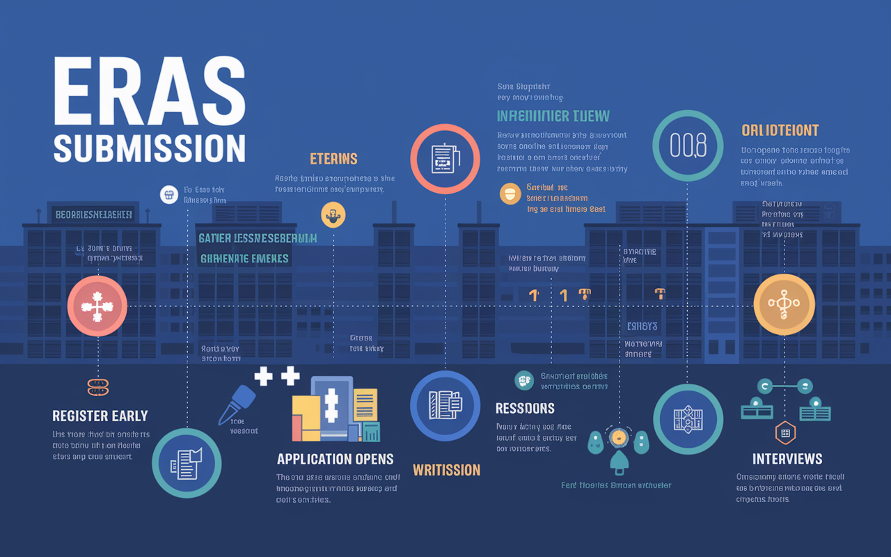 A detailed infographic illustrating the ERAS submission timeline, featuring key dates and milestones such as 'Register Early', 'Gather Essential Materials', 'Application Opens', and 'Interviews'. Each milestone is visually distinct, with icons representing tasks like writing, submission, and networking. The background is a faded hospital scene, reinforcing the medical theme. Bright colors highlight important deadlines, providing an eye-catching and informative overview for prospective medical residents.