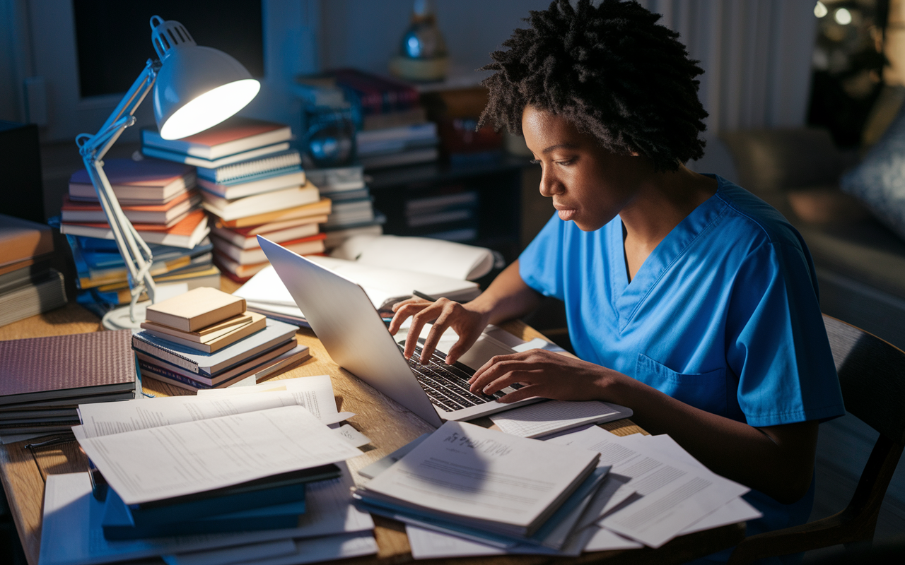 A focused medical student at a cluttered desk covered with books, papers, and a laptop, working on their residency application. The setting is a cozy study space, illuminated by warm desk lighting, creating an atmosphere of concentration and ambition. The student, depicted as a diverse individual in scrubs, has notes spread out around them, actively typing their personal statement. The scene captures a palpable sense of determination and future aspirations.