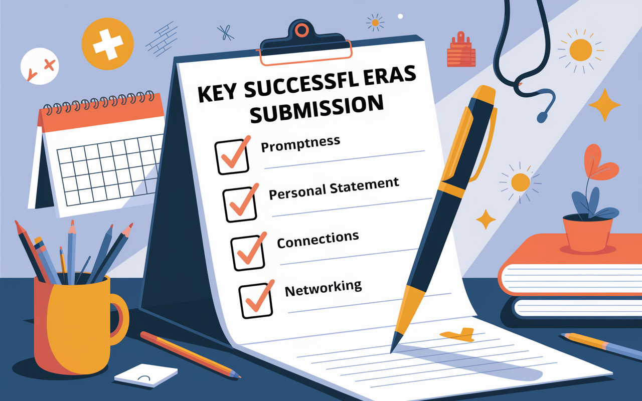 Visual representation of a checklist featuring key tips for a successful ERAS submission. Each checklist item is illustrated with relevant icons: a calendar for promptness, a pen writing a personal statement, and connections for networking. The background is a motivational medical-themed setting, filled with soft lighting that inspires action. The emphasis is on clarity and a sense of accomplishment, providing a visual guide for medical students preparing their residency applications.