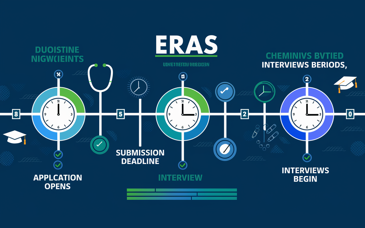 A visual infographic representing the ERAS application cycle, with a vibrant timeline stretching from mid-September to interview periods. Key milestones include 'Application Opens', 'Submission Deadline', and 'Interviews Begin', illustrated with icons like clocks and checkmarks. The background features subtle medical symbolism like stethoscopes and graduation hats, infused with colors that suggest urgency and ambition, creating an engaging visual narrative.