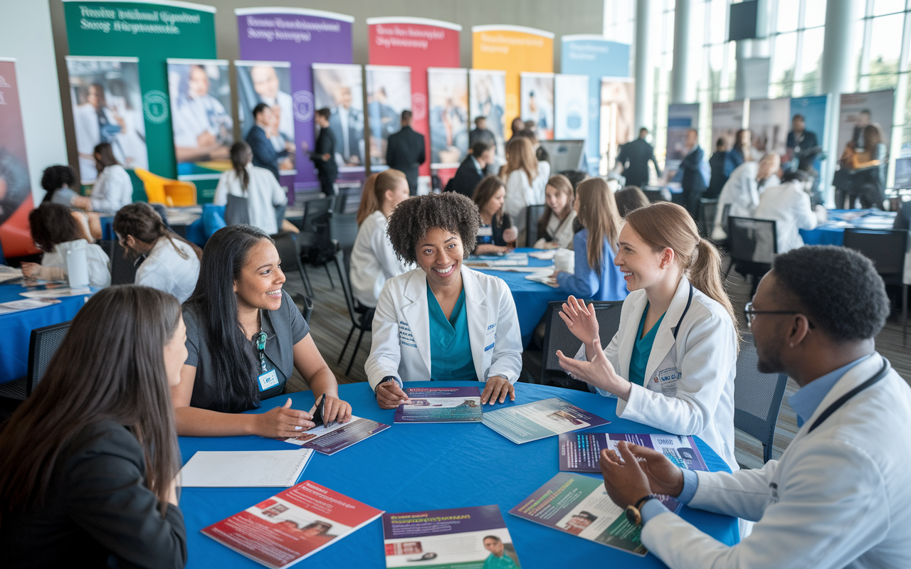 A vibrant residency fair scene with medical students engaging in conversations with current residents and program directors. Colorful banners from various residency programs, round tables with informational brochures, and excited expressions capture the energy of the event. Natural light filters through the venue, enhancing the atmosphere of opportunity and collaboration. The backdrop features educational posters on the walls about different specialties, fueling aspirations of the applicants.