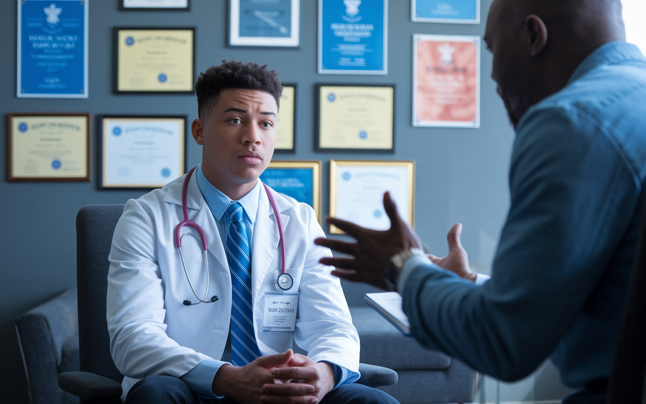 A medical student sits nervously in a mock interview setting, practicing responses with a mentor who is providing guidance. Lighting is focused on both individuals, showcasing the seriousness and dedication of the student, with a backdrop of medical certificates and inspirational posters on the walls. The mentor is offering feedback with an encouraging demeanor, enhancing the atmosphere of support and preparation.