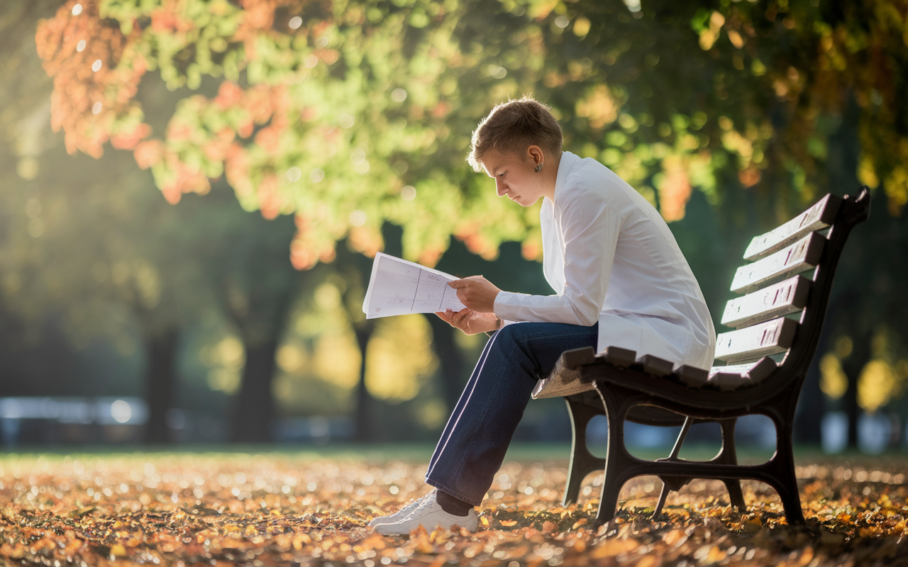 A contemplative medical student sitting in a quiet park, looking at their ERAS application materials spread out on a bench, with a hopeful expression. The background is filled with autumn leaves, suggesting change and new beginnings. Golden sunlight filters through the trees, creating a relaxed yet focused atmosphere, symbolizing preparation for future opportunities in residency.